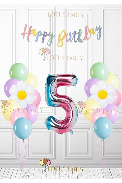 LOTUS PARTY Daisy Macaron Balloon Set for 5 Years Old Schoolicolor Balloon Rainbow Foil