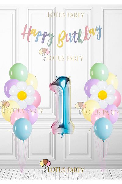 LOTUS PARTY Σετ μπαλόνι Daisy Macaron και μπαλόνια με φύλλο χρημάτων 1 έτους