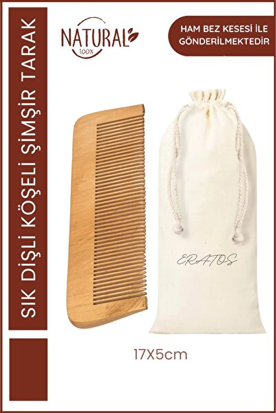 ERATOS Doğal Şimşir Sık Dişli Köşeli Tarak + Pamuklu Bez Saklama Kesesi – 17x...