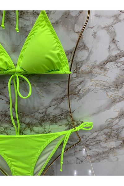 XORVİO Women's Flexible Lycra Stylish Drawstring Neon Green Bikini Set New Season