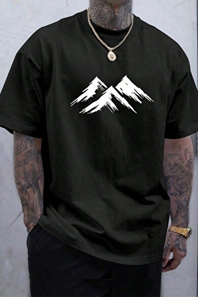 cc collection Men's Oversize Printed Black T-Shirt – 3 Mountain Front Printed...