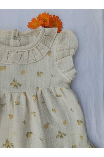 Flexi Lemon Patterned Muslin Frilly Beige Colored Baby Girl Dress