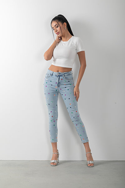 top girl Taş Detaylı Kadın Jean Tasarım Skinny Denim Mavi Kot Pantolon