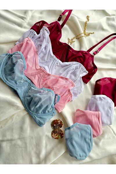 İNKO İÇ GİYİM Set of 4 Colorful Underwire Tulle Bra Set (Bra Thong)