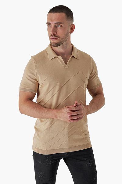 CHUBA Men's Polo Neck Knit Detailed Cotton Thin Sports Knitwear T-shirt Tan 23s2010