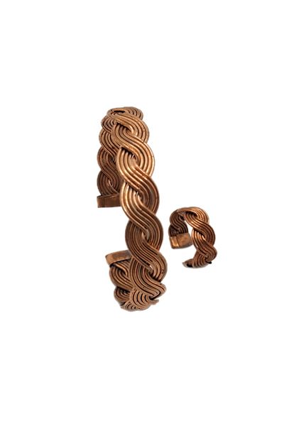 Han Ticarethane Spiral Model Filigree Pure Copper Bracelet Ring Set