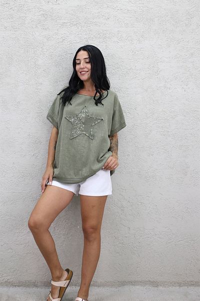 pier moda Διχτυωτή Λεπτομέρεια Αστέρια Λινό Μπλούζα