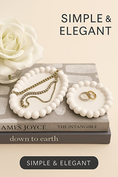 ZURİ DESİGN 2'li Boncuk Kenarlı Dekoratif Takı Tabağı Seti – Hediyelik Seramik Beton Görünümlü Organizer