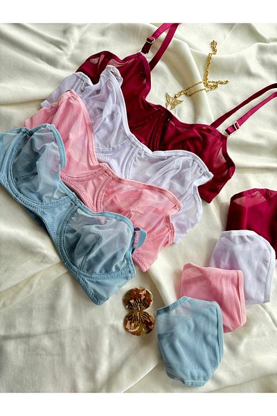 İNKO İÇ GİYİM Set of 4 Colorful Underwire Tulle Bra Set (Bra Thong)
