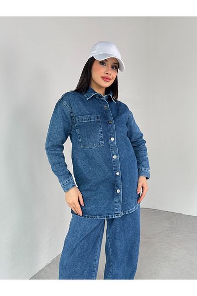 Cappmoda TKM-03681 Jachetă cu un singur buzunar, albastru închis, cu închidere cu capse, cu talie elastică, cu șnur, pantaloni largi, costum din două piese