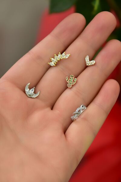 Papatya Silver Çelik Üç Renk 5'li Kombinli Tragus Küpe Model19