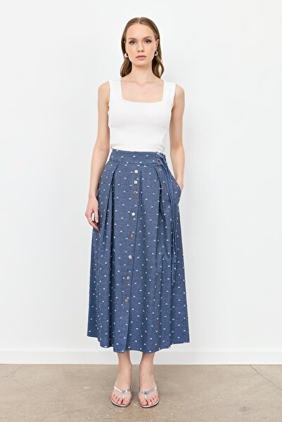 accort Kemer Detaylı Kloş Kot Etek-MAVİ