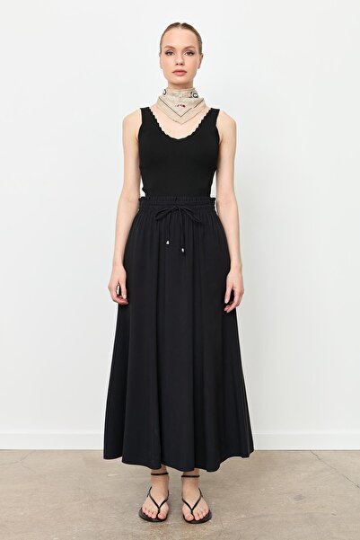 accort Beli Lastik Modal Uzun Etek-SİYAH