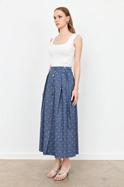 accort Kemer Detaylı Kloş Kot Etek-MAVİ