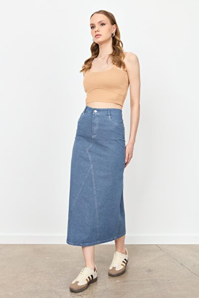 accort Yüksek Bel Uzun Kot Etek-MAVİ