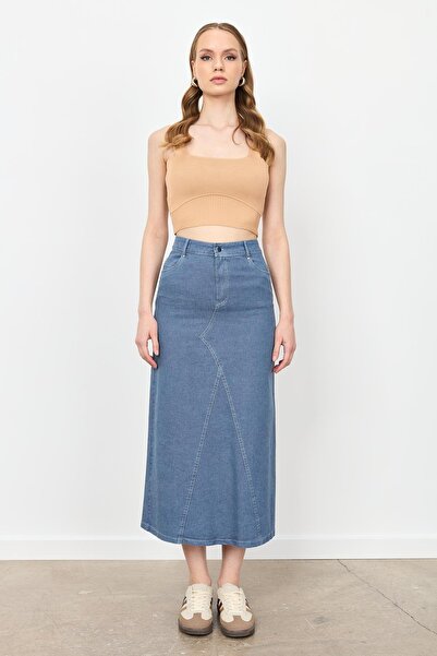 accort Yüksek Bel Uzun Kot Etek-MAVİ