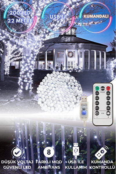 TechnoSmart 200 Ledli Usbli Kumandalı 8 Modlu Şerit Led Işık Parti Süsleme Organizasyon Beyaz Işık