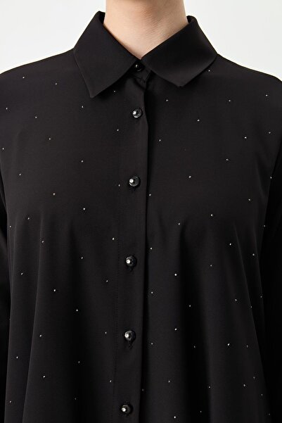 accort Taş Düğme Asimetrik Kesim Gömlek-SİYAH