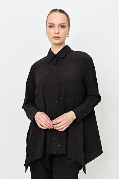 accort Taş Düğme Asimetrik Kesim Gömlek-SİYAH
