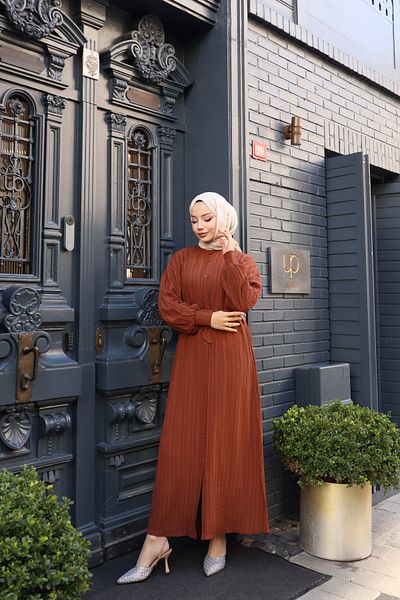 ECESSAMODAM Women's Brown Buttoned Bat Sleeve Belted Lara Linen Long Hijab Dress