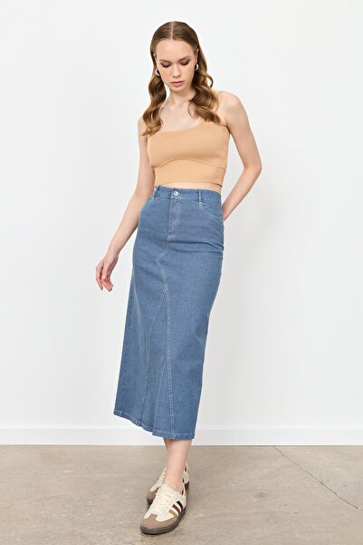 accort Yüksek Bel Uzun Kot Etek-MAVİ
