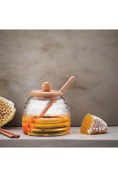 Deconox Glass Honey Jar with Bamboo Lid – 420ml |   Stylish Presentation Jar with Spoon |   Natural Wood Clamshell Glass