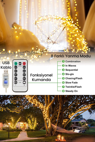 TechnoSmart 200 Ledli Usbli Kumandalı 8 Modlu Şerit Led Işık Parti Süsleme Organizasyon Sarı Işık