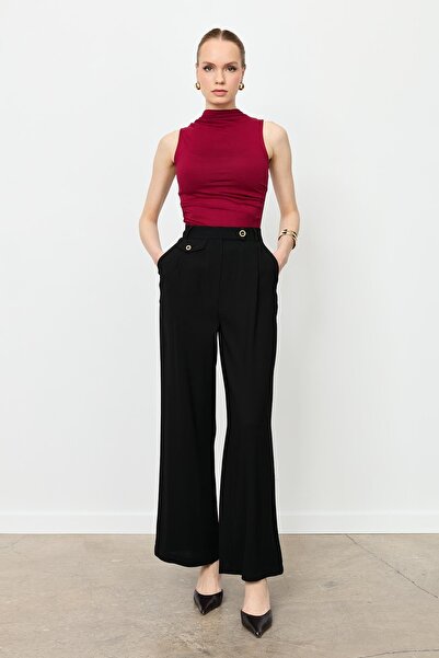 accort Düğme Detay Bol Pantolon-SİYAH