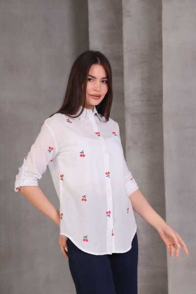 Mia Beyaz Kiraz Nakışlı Kol Manşetli Gömlek