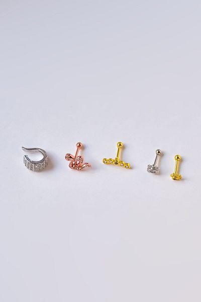Papatya Silver Steel Gold-Rhodium Plated Steel Tragus 5-Piece Earrings Combination1