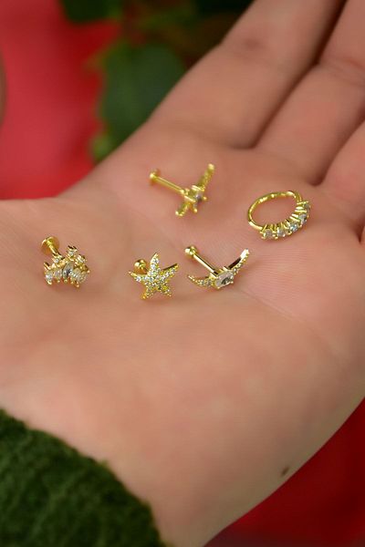 Papatya Silver Steel Yellow 5-Piece Combination Tragus Earrings Model18
