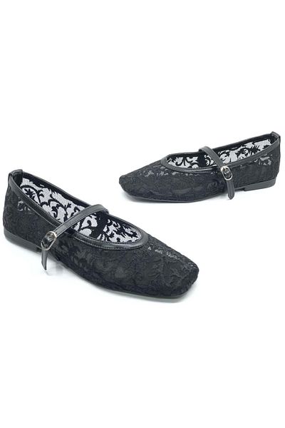 Kids Club Shoes Feles Lace Detailed Blunt Toe Women's Ballerina Shoes Black