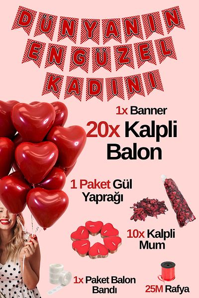 Baloncu Dede 20 Red Heart Balloon Set the Most Beautiful Woman in the World Written Banner Valentine's Women's Day