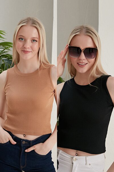 CATSPY Γυναικεία μπλούζα με λαιμόκοψη 2 τεμαχίων σε μαύρο μπισκότο