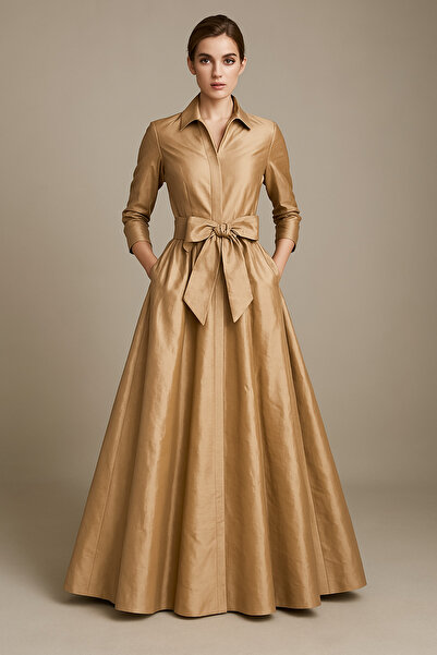 UNTIMELY - فستان قميص طويل من قماش التفتا باللون البيج مع تفاصيل مربوطة بحزام