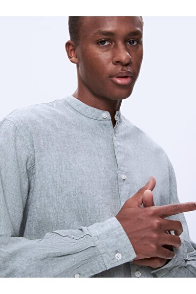 Ltb Regular Hakim Yaka Keten Görünümlü Uzun Kollu Yeşil Gömlek