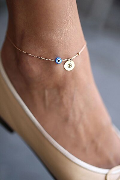 Papatya Silver 925 Ayar Nazar Boncuklu B Harfli Plaka Gümüş Halhal