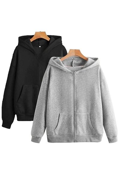 VBSVİBES 2-Piece Plain Basic Cardigan Oversize Hooded Zipper - Oversize Unisex Thick Winter