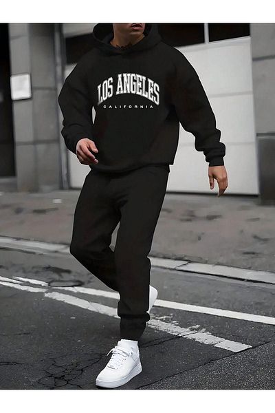 Sweetline Los Angeles California Sweatpants Set Sweatshirt Jogger - Μαύρη στάμπα Oversize Raster Hooded