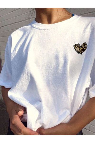 DUBU BUTİK White Leopard Heart Printed Oversize T-Shirt