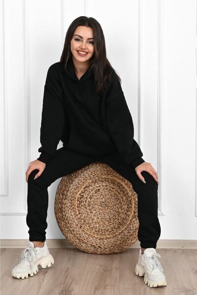 Sweetline Basic Plain Tracksuit Set Sweatshirt Jogger - Black Oversize Hooded