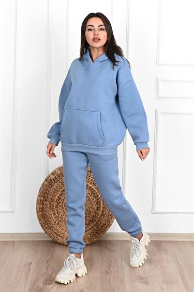Sweetline Basic Απλό Σετ Φούτερ Jogger - Baby Blue Oversize Raised Hooded