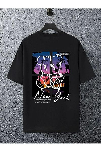 DUBU BUTİK New York Bear Single Jersey T-Shirt - Black Printed Oversize Crew Neck T-Shirt