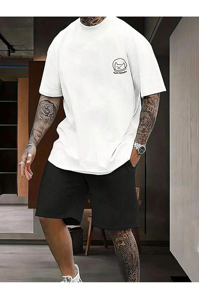 Sweetline Tricou și pantaloni scurți pentru pisici NASA - Set de sus și de jos și guler combinat alb-negru și bicicletă