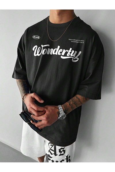 DUBU BUTİK Wonderful Single Jersey T-Shirt - Black Printed Oversize Crew Neck T-Shirt