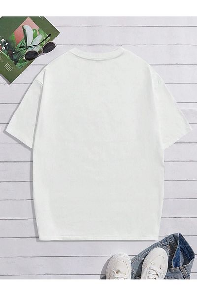 DUBU BUTİK Los Angeles L.A Single Jersey T-Shirt - White Printed Oversize Crew Neck T-Shirt