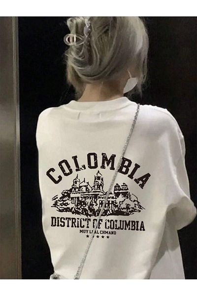 DUBU BUTİK Colombia Chmand Single Jersey T-Shirt - White Printed Oversize Crew Neck T-Shirt