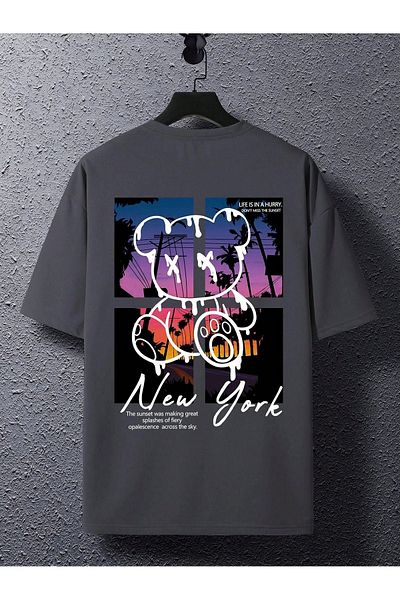 DUBU BUTİK New York Bear Single Jersey T-Shirt - Smoke Printed Oversize Crew Neck T-Shirt
