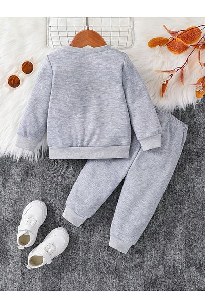 Sweetline Βαμβακερό σετ με τύπωμα Zip Bear και στρογγυλή λαιμόκοψη - Γκρι παντελόνι φόρμας με τύπωμα για κορίτσια και αγόρια