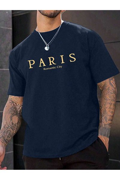 DUBU BUTİK Paris Single Jersey T-Shirt - Navy Blue Oversize Crew Neck Short Sleeve T-Shirt